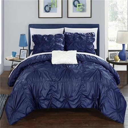 Chic Home DS2248-US 4 Piece Monet Floral Pinch Pleat Ruffled Designer Embellished Queen Duvet Cover Set; Navy
